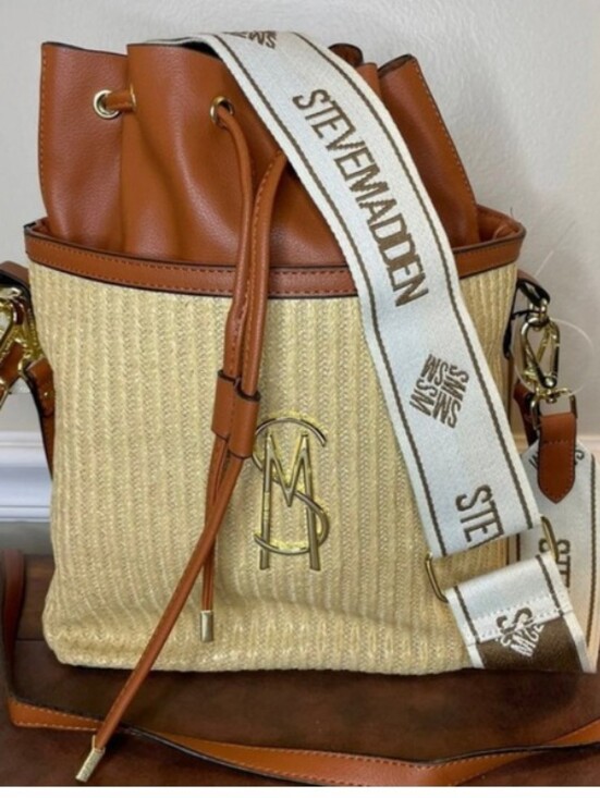 Steve Madden Handbags - Steve Madden Tan & Cream Raffia Crossbody Bucket Bag with Logo Strap